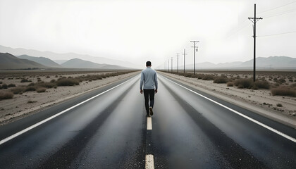 Fototapeta premium Man Walking Alone on an Open Desert Road Under Cloudy Sky