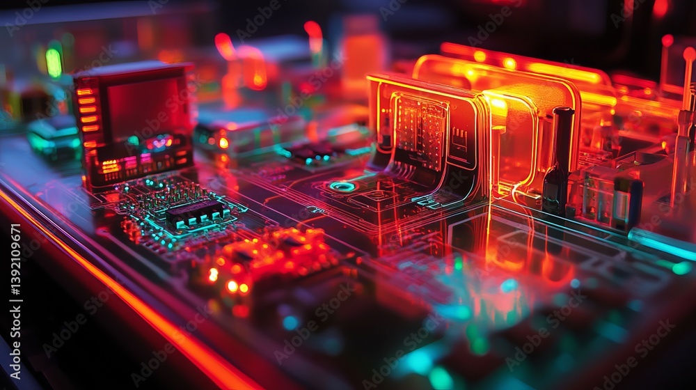 Poster close up view of a glowing futuristic circuit board with red and teal lighting effects showing detai