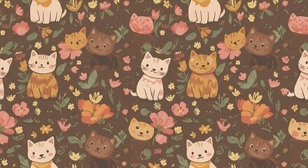 Charming Cats & Blossoms: A Hand-Painted Pattern AI Generated