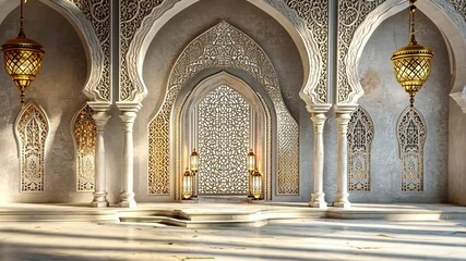 Elaborate architectural interior with ornamental arches and decorative hanging lamps displaying islamic design elements creating a serene and sophisticated atmosphere