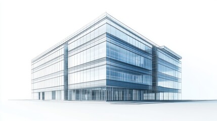 Modern office building architectural rendering, white background, illustration