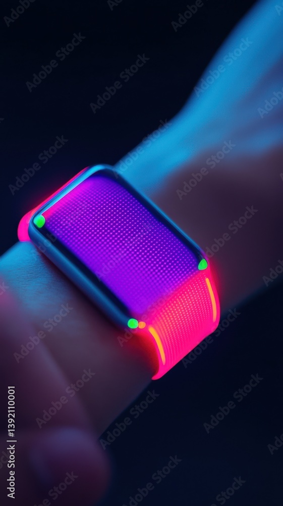 Poster futuristic smartwatch interaction urban setting technology showcase neon glow close-up view innovati