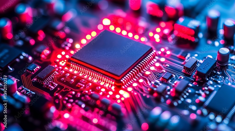 Poster close up of a circuit board with a central chip surrounded by glowing red lights and components