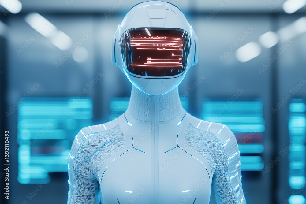 Poster futuristic robot interaction technology lab digital art sci-fi environment close-up view innovation 