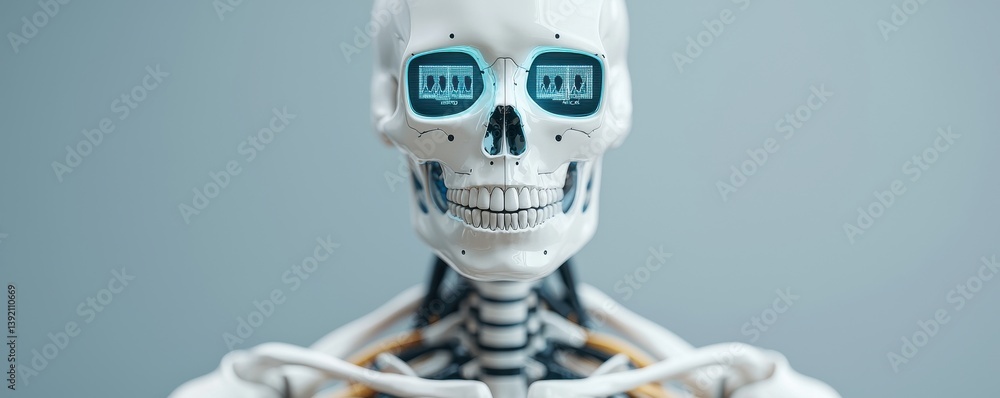 Poster exploring robotics advancements with human-like skeletons in technology labs digital art futuristic 