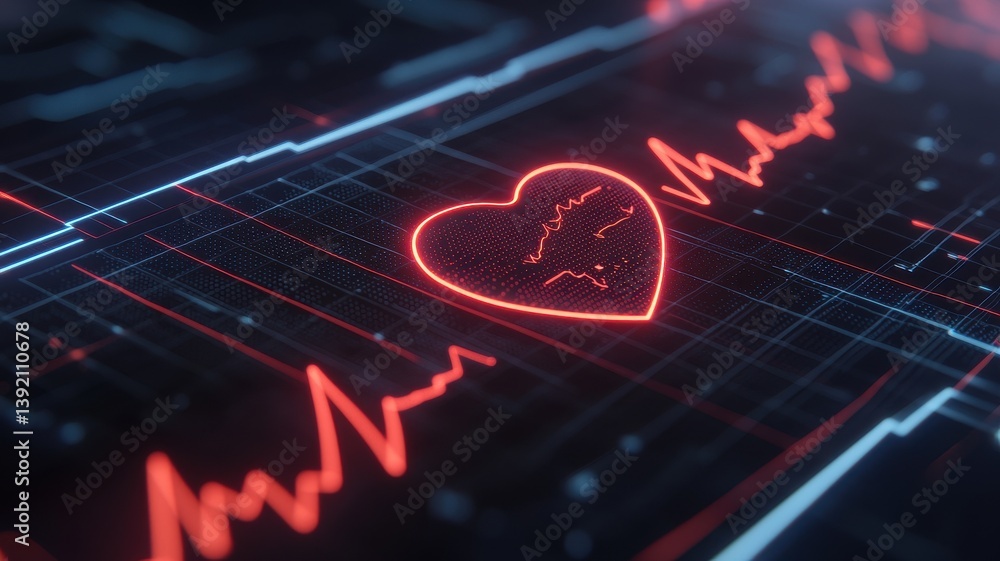 Poster heartbeat monitor data visualization health tech digital art futuristic environment close-up view he