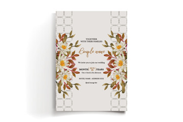 WEDDING INVITATION FRAME WITH FLOWER DECORATIONS AND FRESH LEAVES