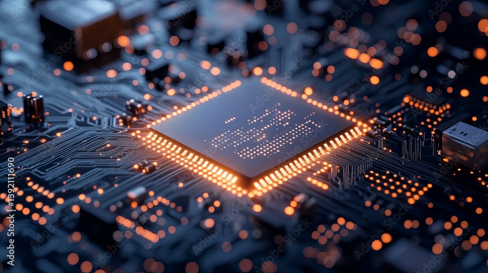 Poster close up of a computer chip with orange lights highlighting the intricate circuit board design detai