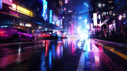 Obraz premium Neon-lit city street at night with sports cars, reflections
