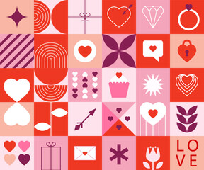 Bauhaus Valentine's day geometric seamless pattern with simple shapes and icons in flat minimalist style. Modern vector ornament for print, banner, card, fabric, cover, wrapping paper, wallpaper