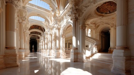 Fototapeta premium Ornate palace hallway with marble floor, columns, arches, and natural light
