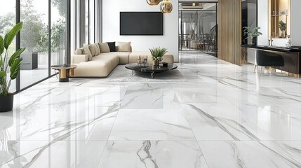 A modern living room features elegant white marbled flooring