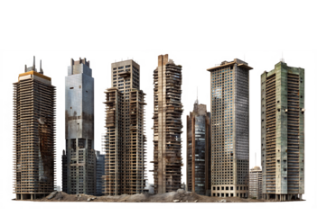 set of ruined skyscrapers isolated on white background PNG. GENERATIVE AI