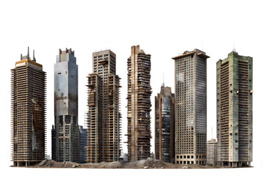 set of ruined skyscrapers isolated on white background PNG. GENERATIVE AI