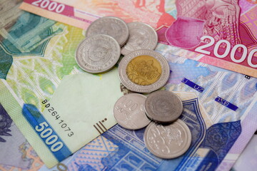 Uzbekistani sum banknotes and coins. UZS. Uzbekistan currency. Oʻzbek soʻmi. Tiyin. 