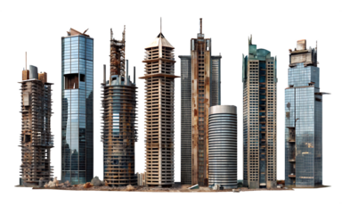 set of ruined skyscrapers isolated on white background PNG. GENERATIVE AI