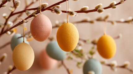 Easter-themed willow branches with colorful eggs and renewal vibes