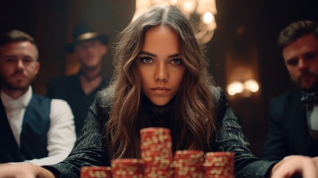 Serious woman poker player with chips, casino setting, gambling theme, stock photo