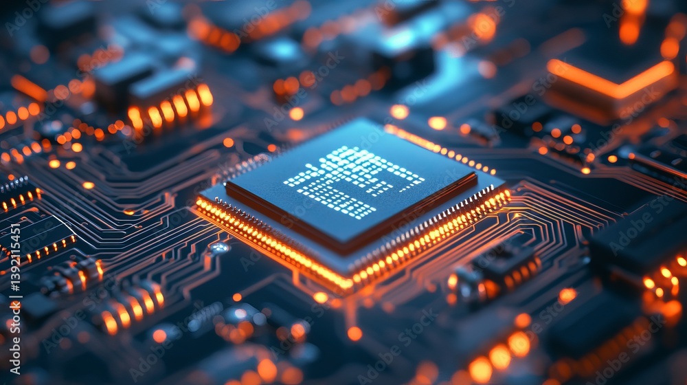 Poster close up of a computer chip with an ai symbol surrounded by glowing orange electronic components