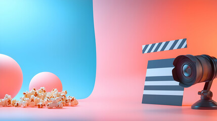 Fototapeta premium Movie Clapperboard Tickets and Popcorn on Pink and Blue Background