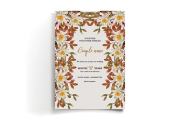 WEDDING INVITATION FRAME WITH FLOWER DECORATIONS AND FRESH LEAVES