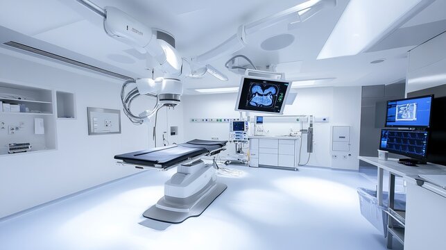 A bright surgical room with a table monitors and medical equipment ready for a procedure to begin