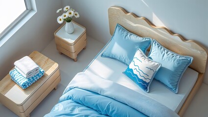 Generative AI,Pastel sky themed bedroom with soft sunlight
