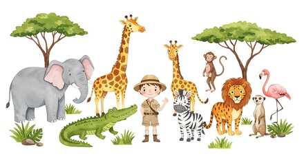 Naklejka premium Safari Adventure: Watercolor Wildlife Wonders AI Generated