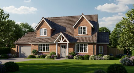Modern Brick House 3D Render: Sunny Suburban Landscape AI Generated