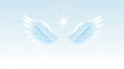 Soft glowing angel wings with radiant light beams, set against a pale blue-white gradient. Minimalist and symbolic, with clean space for Ascension Day message.