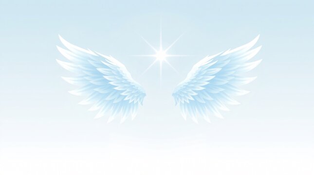 Soft glowing angel wings with radiant light beams, set against a pale blue-white gradient. Minimalist and symbolic, with clean space for Ascension Day message.