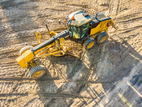 Aerial view of earthmoving machinery on a construction site