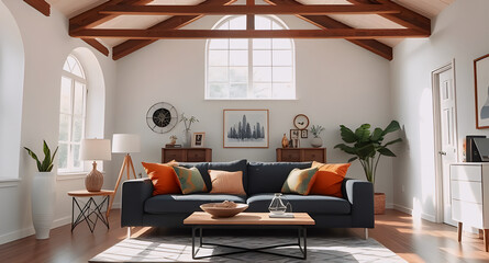 Boho-Inspired Living Room with Wooden Beams and Cozy Seating. Digital Illustration.