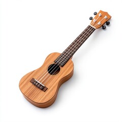 Obraz premium Beautifully Crafted Wooden Ukulele on White Background for Musical Instrument Enthusiasts and Collectors