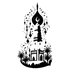 Elaborate monochrome depiction of a Middle Eastern cityscape silhouette art