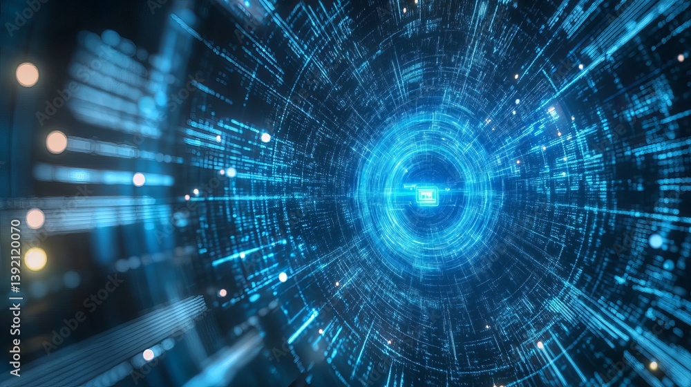 Aufkleber abstract blue technology tunnel with glowing lights and circuit board patterns in a futuristic style