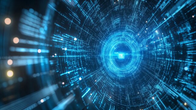 Abstract blue technology tunnel with glowing lights and circuit board patterns in a futuristic style - Powered by Adobe