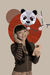 Vertical trendy 3d collage poster of happy vietnamese girl listen music headphones hold phone sakura flower bloom bud panda mask © deagreez