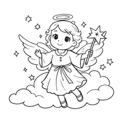 A cute black-and-white coloring page of a little angel holding a magic wand.