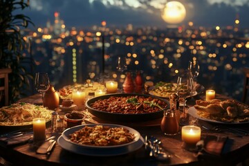 Naklejka premium Romantic rooftop dinner overlooking city lights