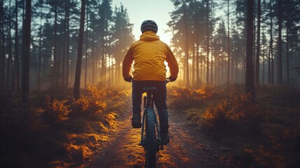 Cyclist rides through a sunlit forest trail.  A person on a mountain bike pedals through a path in a misty autumn forest,  golden light shining through the trees