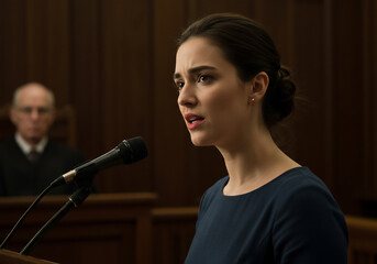 Woman Testifying in Court Lawyer Speaking, Judge Observing, Legal System, Trial, Justice, Law