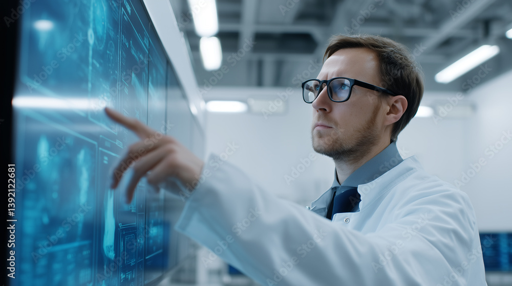 Aufkleber man in white lab coat analyzing data on futuristic touchscreen in laboratory setting