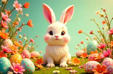 Cute white Easter bunny sitting on green grass between colorful painted Easter eggs and spring flowers. Happy Easter retro greeting card with copy space