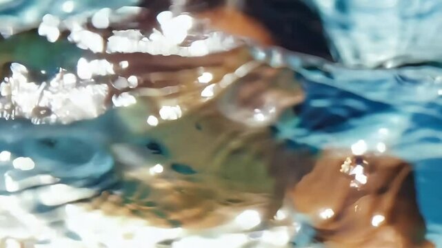 Beautiful serene woman floating peacefully in sparkling water gently submerges face underwater relaxation concept