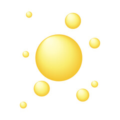Golden, yellow oil drops, vitamins bubbles, gold collagen. Vector illustration.