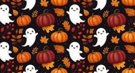 Obraz premium Spooky Season Seamless Pattern: Cute Ghosts & Pumpkins AI Generated