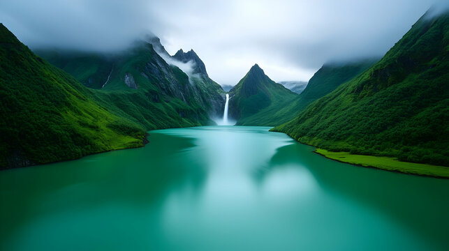 Majestic Waterfall in Lush Green Forest Lake