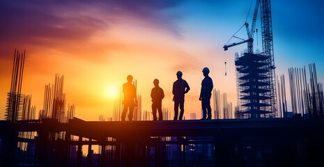 Silhouetted construction workers stand on a building site at sunset with a crane.