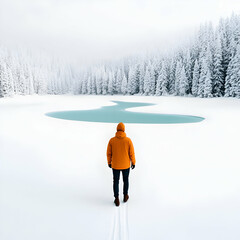 Man in Orange Jacket Walking Through Snowy Landscape with Frozen Lake